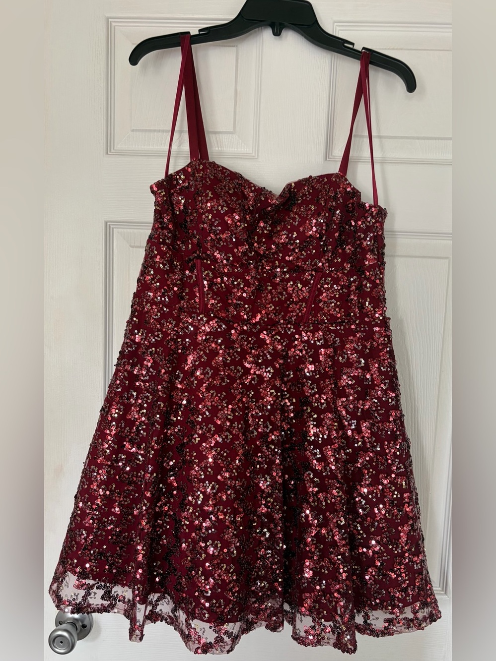 Burgundy Sequin Spaghetti Strap Party Dress